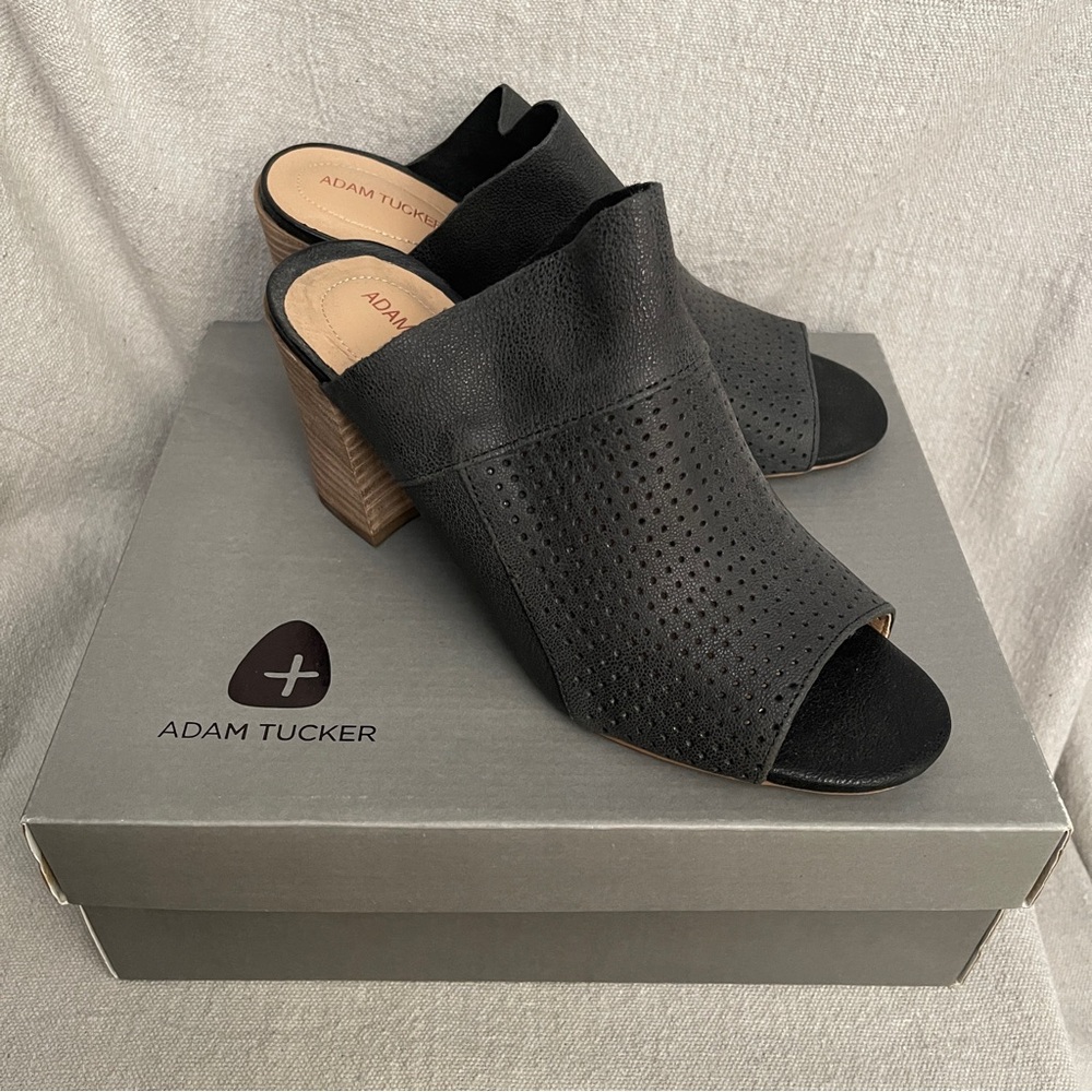 🖤 Adam Tucker “Molly” Black Leather Heeled Mules with Original Shoebox: Size 8M
